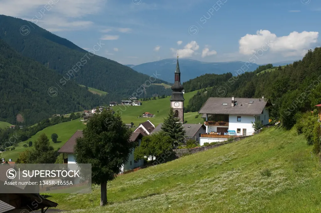 High angle view of a village, San Pietro, Funes Valley, Dolomites, Trentino-Alto-Adige, Italy