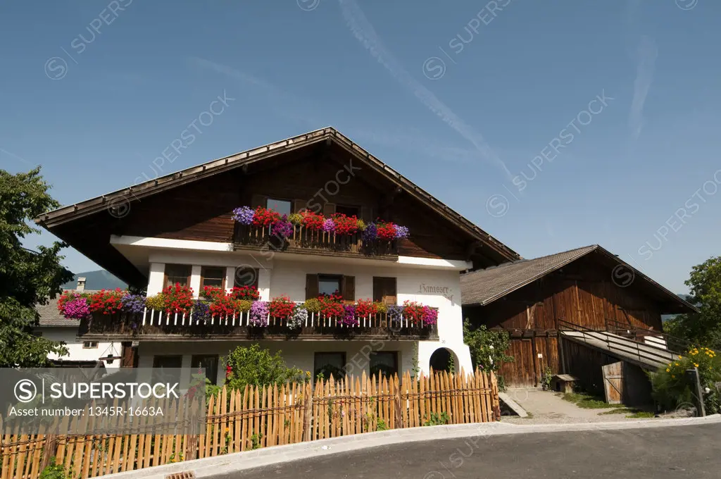 Facade of a hotel, Tiso, Funes Valley, Dolomites, Trentino-Alto-Adige, Italy