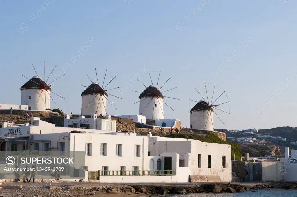 Windmills in a town, Mykonos Town, Mykonos, Cyclades Islands, Greece