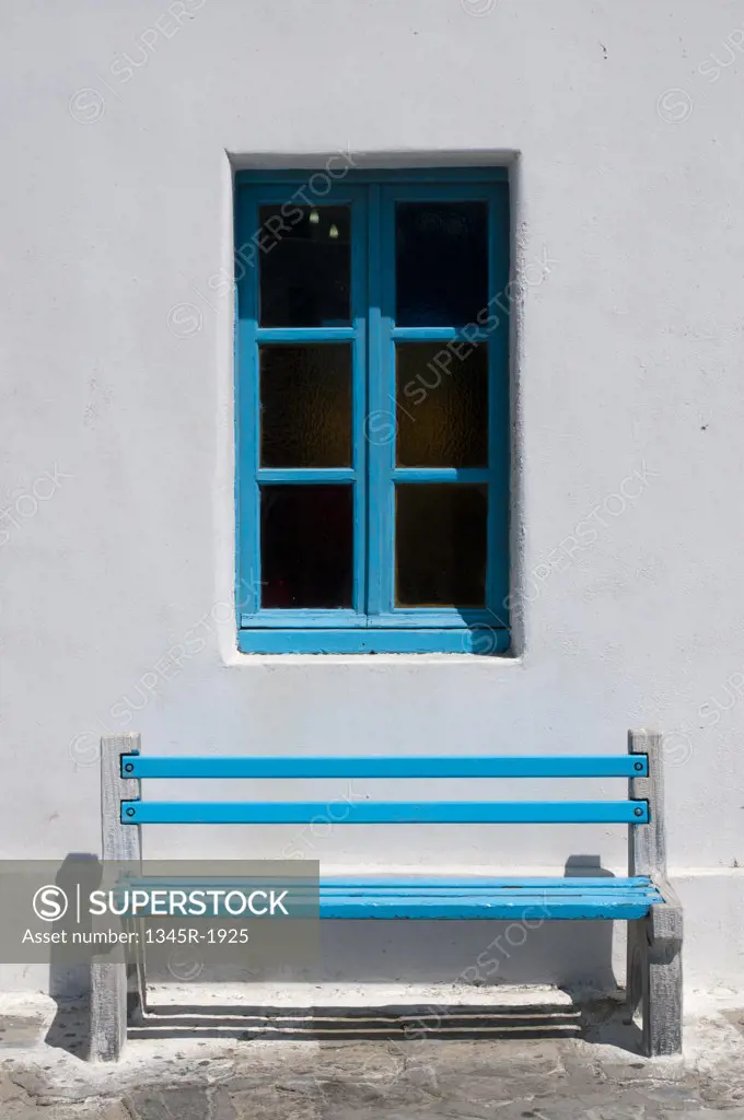 Bench in front of a window, Mykonos Town, Mykonos, Cyclades Islands, Greece