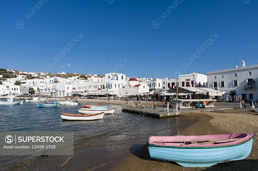 Boats moored at a harbor, Mykonos Town, Mykonos, Cyclades Islands, Greece