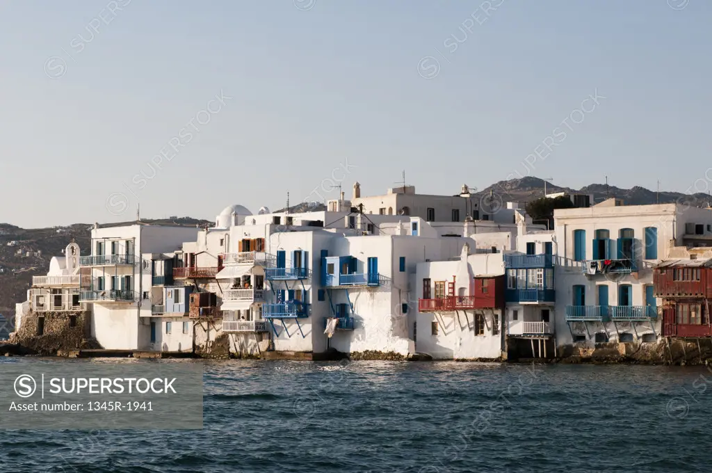 Buildings at the waterfront, Little Venice, Mykonos Town, Mykonos, Cyclades Islands, Greece