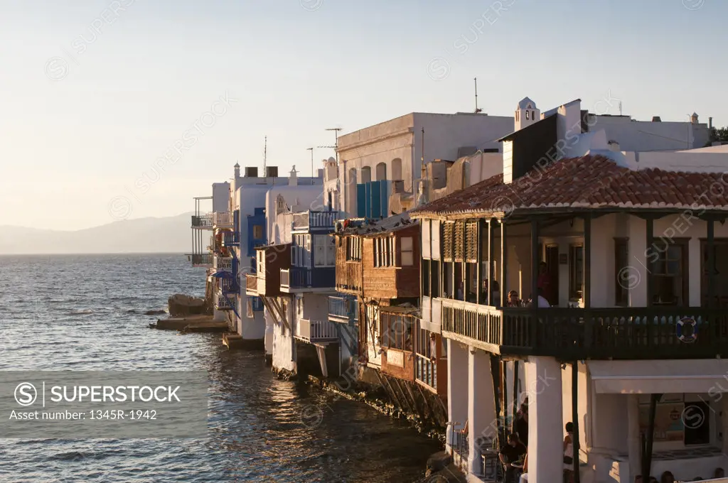 Buildings at the waterfront, Little Venice, Mykonos Town, Mykonos, Cyclades Islands, Greece