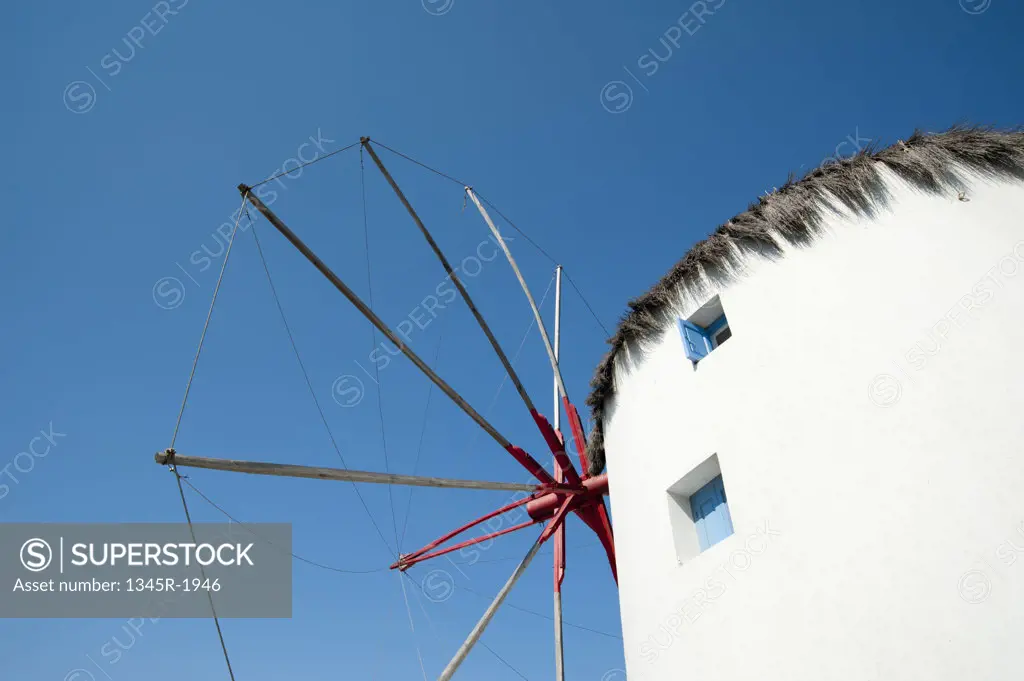 Low angle view of a traditional windmill, Mykonos Town, Mykonos, Cyclades Islands, Greece