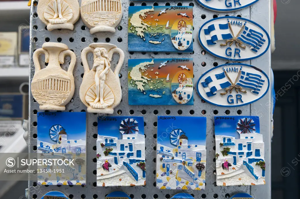 Greek souvenir at a market, Mykonos Town, Mykonos, Cyclades Islands, Greece