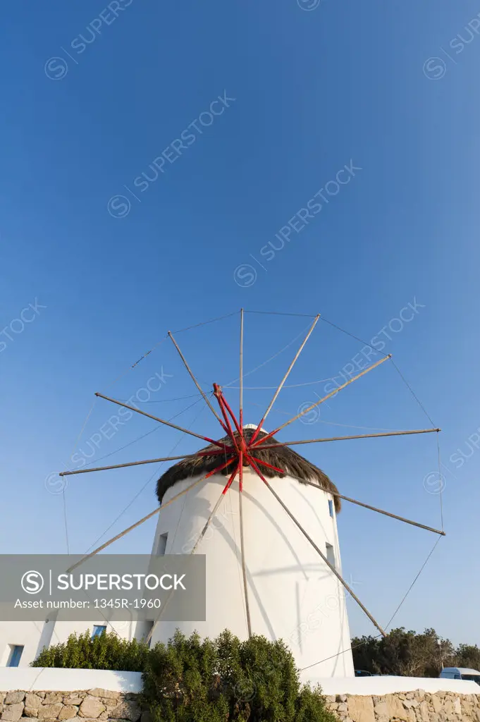Low angle view of a traditional windmill, Mykonos Town, Mykonos, Cyclades Islands, Greece