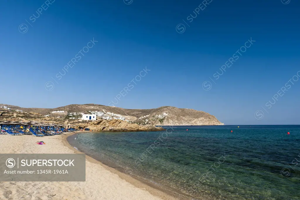 Panoramic view of the beach, Agrari Beach, Mykonos, Cyclades Islands, Greece