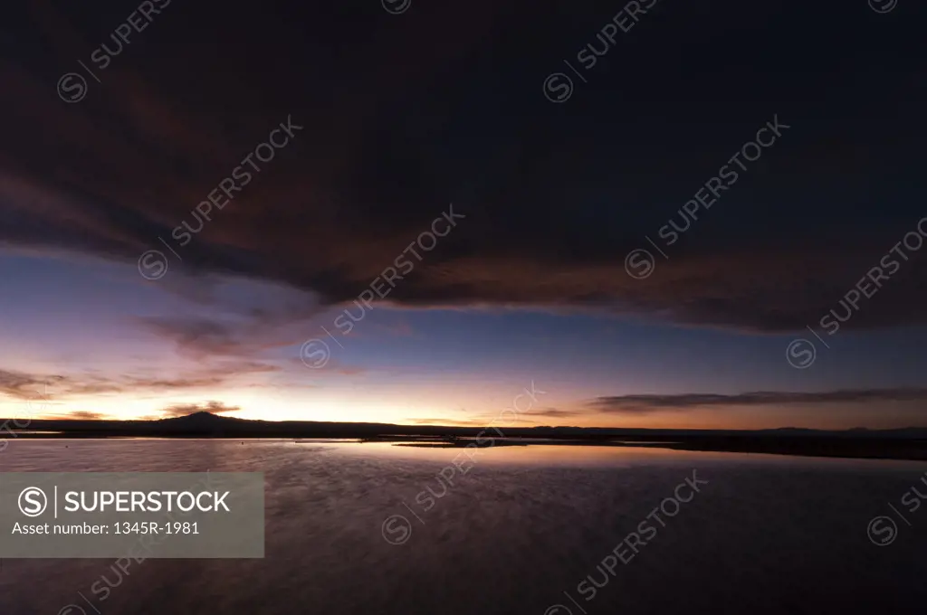 Chile, Atacama Desert, Salar de Atacama, Laguna Chaxa at sunset