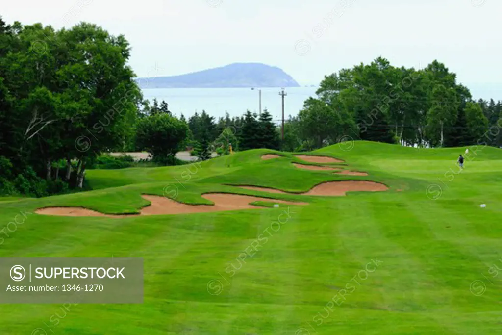 High angle view of a golf course, The Cape Breton Highlands Links Golf Course, Cape Breton Highlands National Park, Cape Breton Island, Nova Scotia, Canada