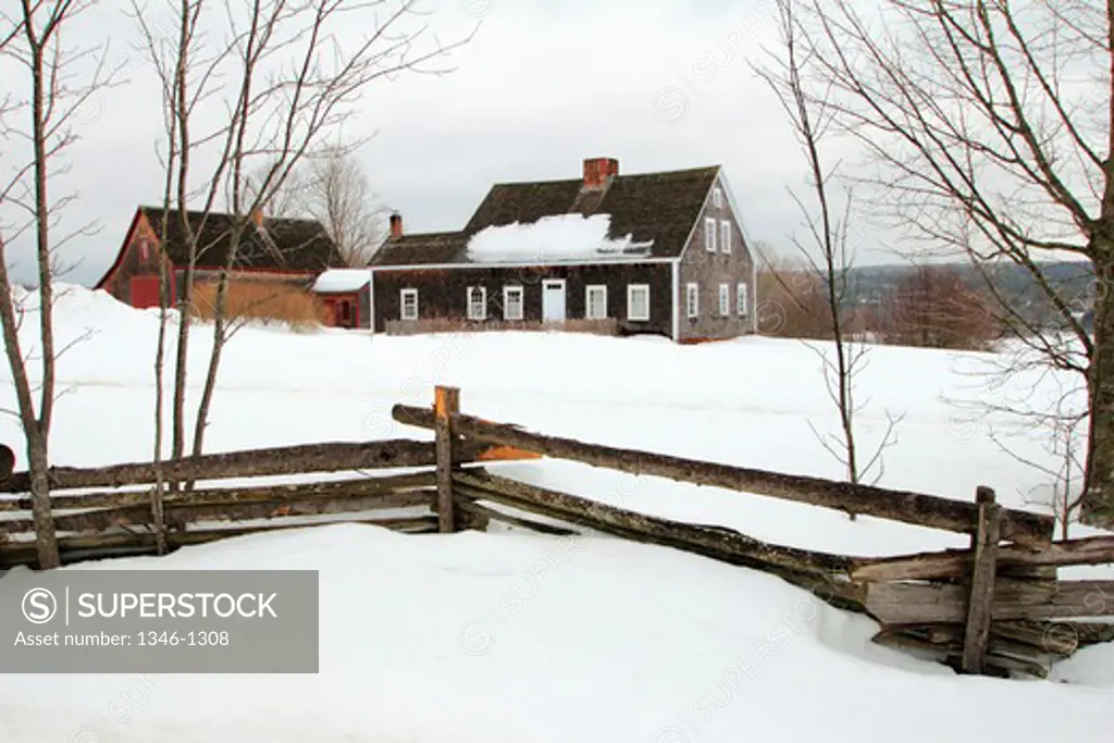 Agricultural museum in winter snow, Ross Farm Museum, New Ross, Nova Scotia, Canada