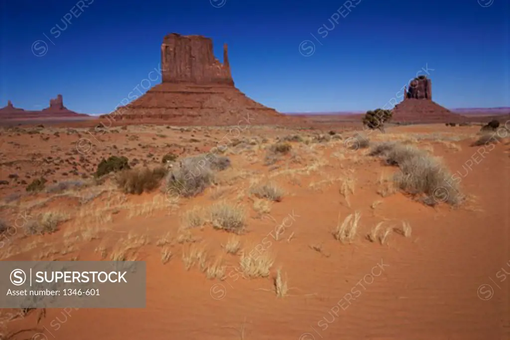 Panoramic view of desert land, Mittens Buttes, Monument Valley, Arizona, USA