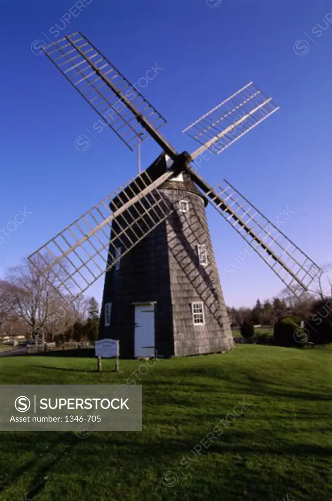 Low angle view of a traditional windmill, Old Hook Mill, East Hampton, New York, USA
