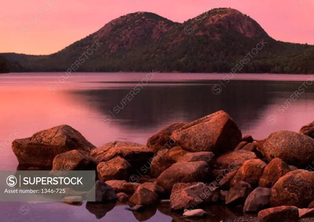 Reflection of a mountain in water, Jordan Pond, Bubble Rock, Acadia National Park, Maine, USA