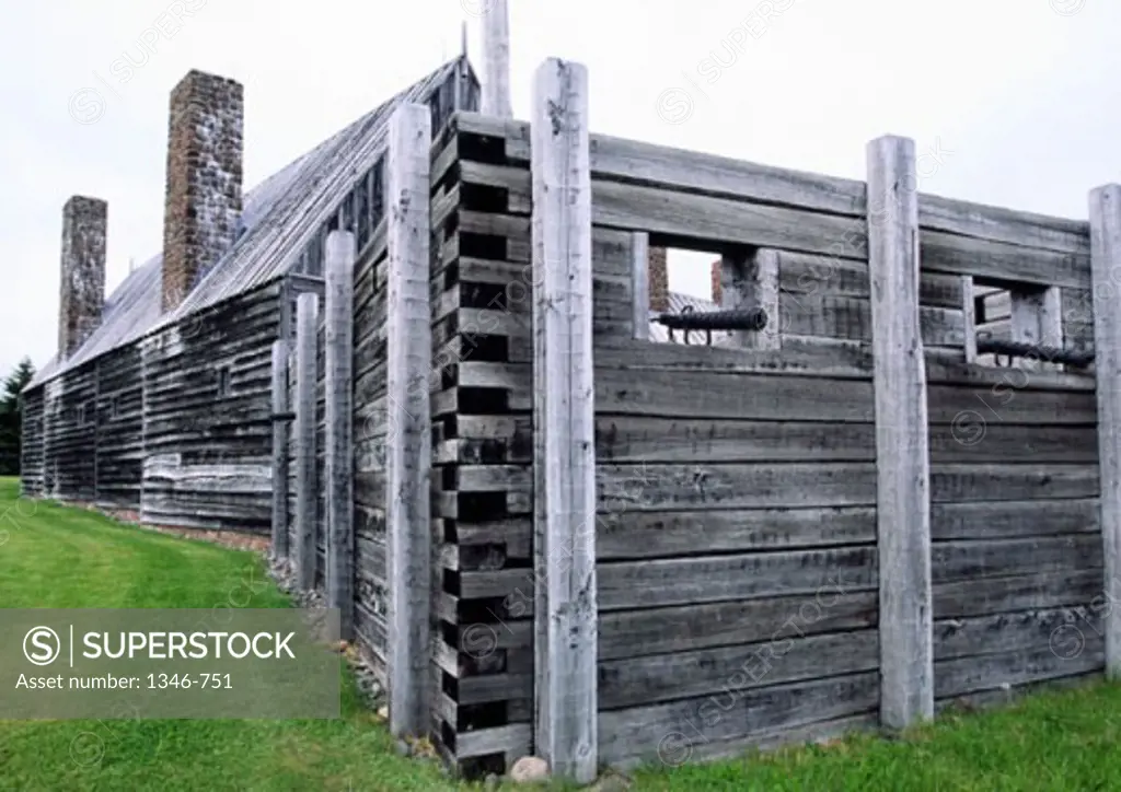 Log cabin in a field, Port Royal National Historic Site, Port Royal, Nova Scotia, Canada