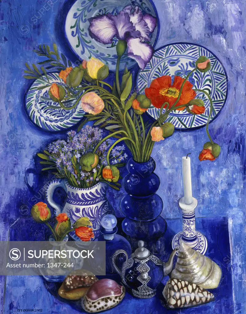 Blue Still Life With Poppies & Shells 2002 Isy Ochoa (b.1961 French) Oil on canvas 
