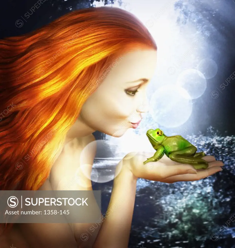 Side profile of a young woman kissing a frog
