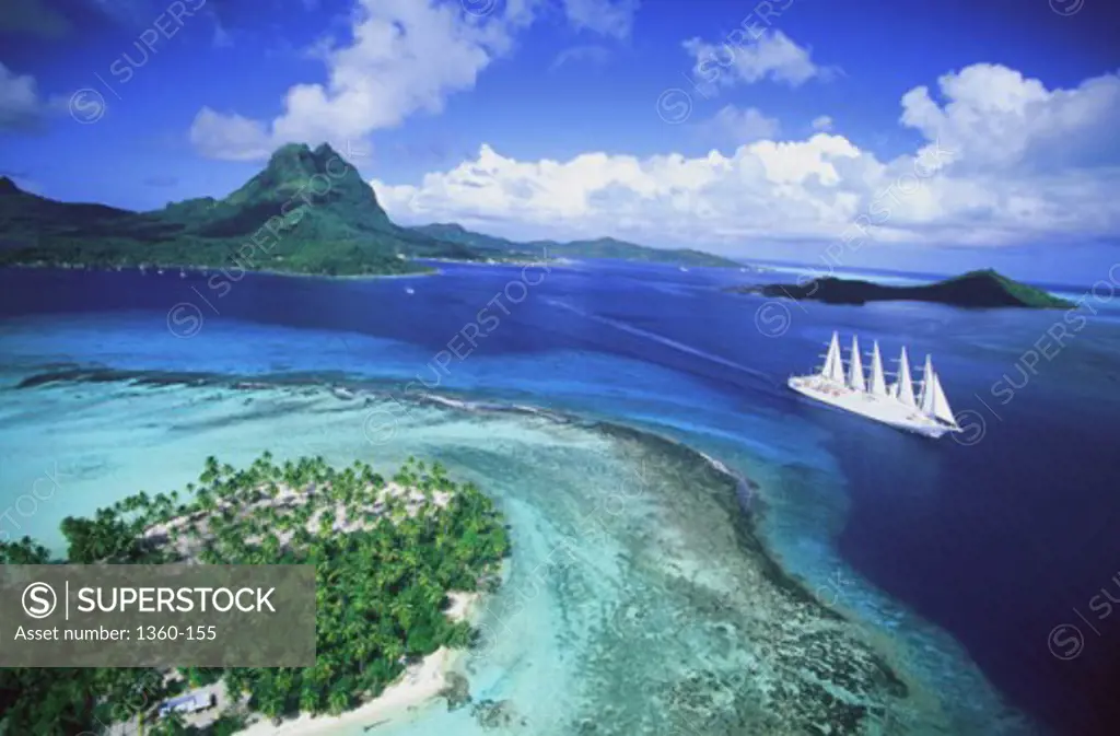 Panoramic view of a ship sailing, Bora Bora, French Polynesia