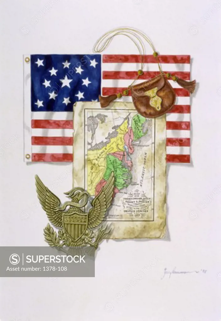 Map, Flag & Eagle 1998Jerry Grossman (20th C./American)Watercolor 