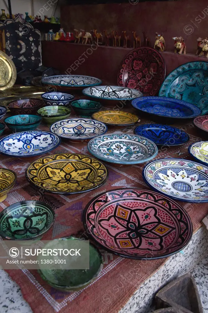 Display of painted ceramics dishes, Ouarzazate, Morocco
