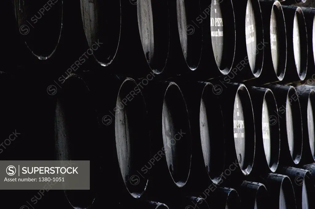 Barrels in a cellar, Gonzalez Byass, Jerez De La Frontera, Cadiz Province, Andalusia, Spain