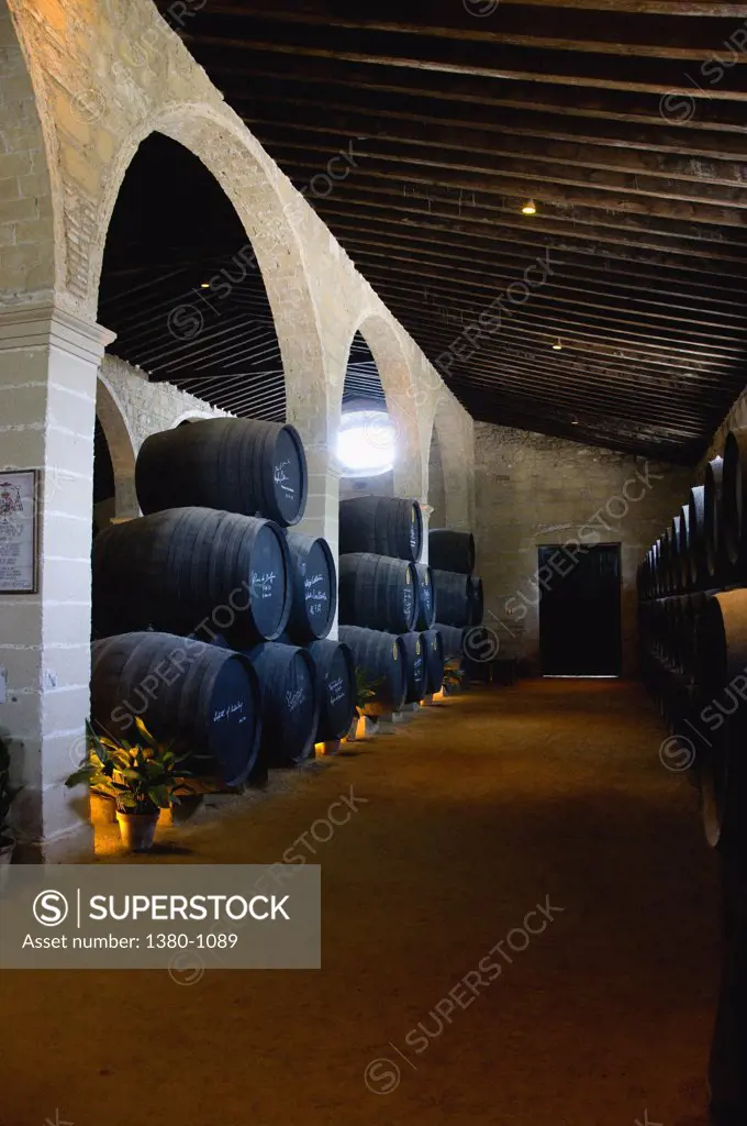 Stacks of sherry barrels in a cellar, Gonzalez Byass, Jerez De La Frontera, Cadiz Province, Andalusia, Spain