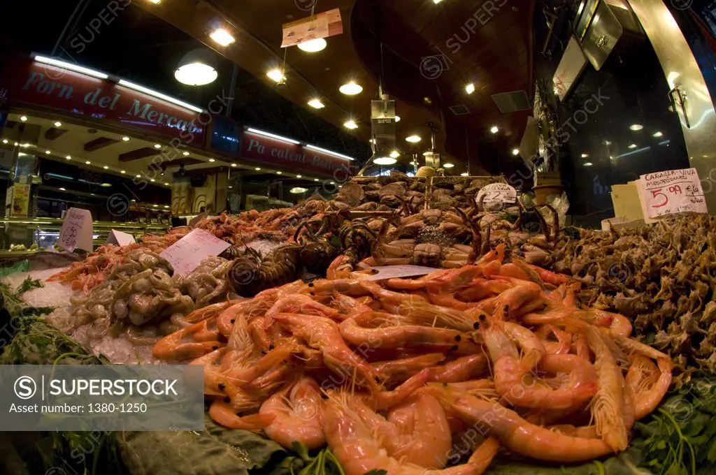 Spain, Barcelona, Shrimp for sale at La Boqueria market