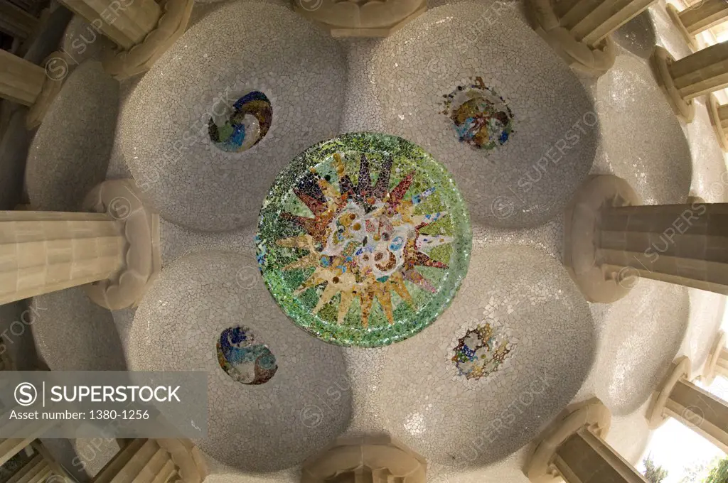 Spain, Barcelona, Parc Guell, Architectural detail of building