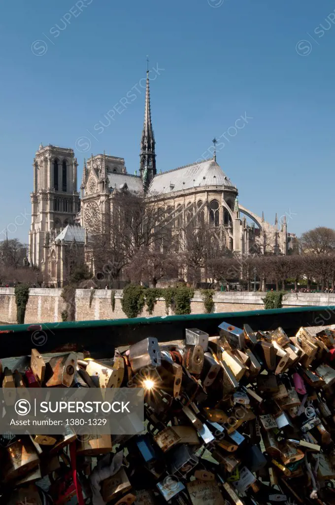 Lovers padlocks on a fence with a cathedral in the background, Notre Dame de Paris, Seine River, Paris, Ile-de-France, France