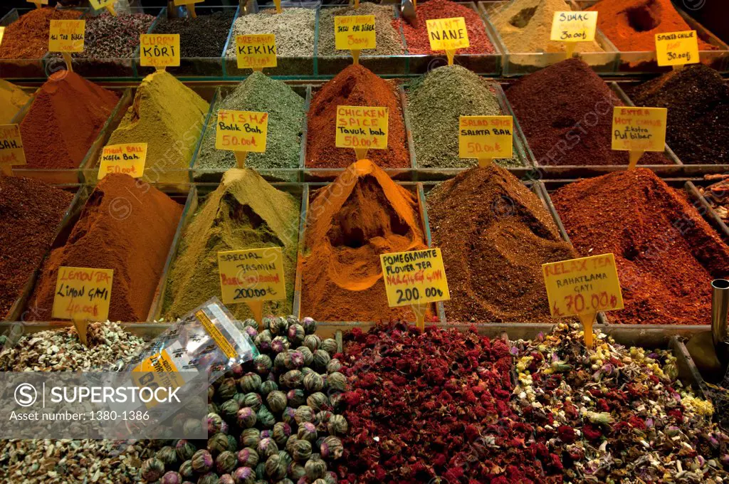 Spices for sale at a market stall, Spice Bazaar, Istanbul, Turkey