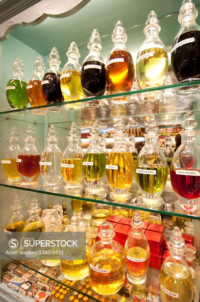 Perfume bottles on display in a store, Spice Bazaar, Istanbul, Turkey