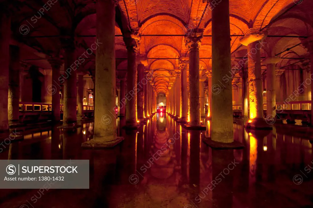 Interiors of Basilica Cistern, Istanbul, Turkey