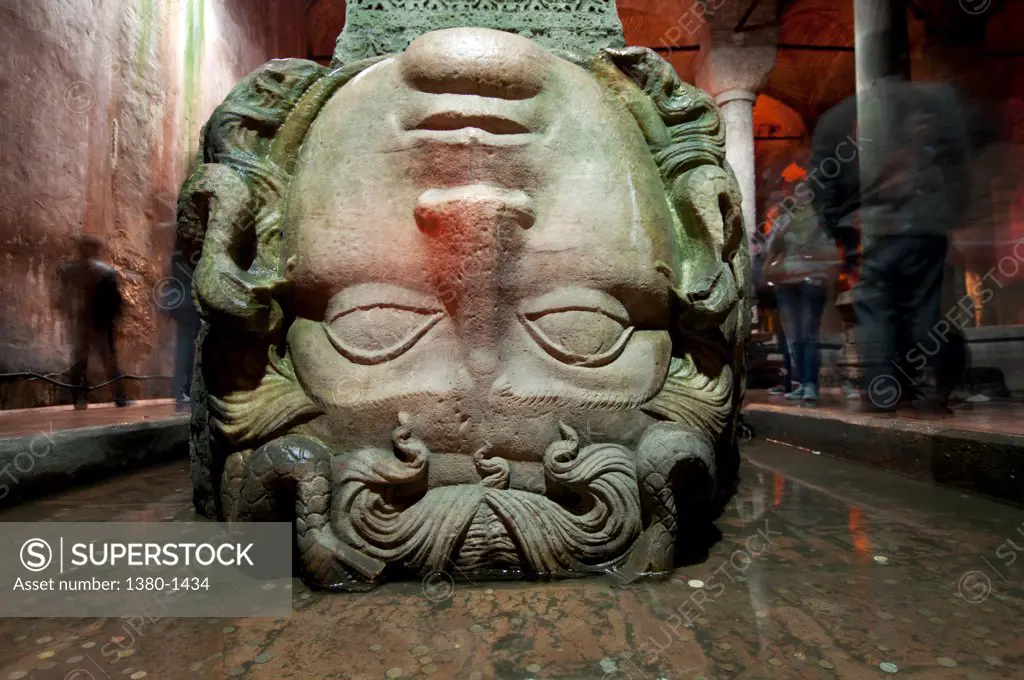 Medusa head shaped column base, Basilica Cistern, Istanbul, Turkey