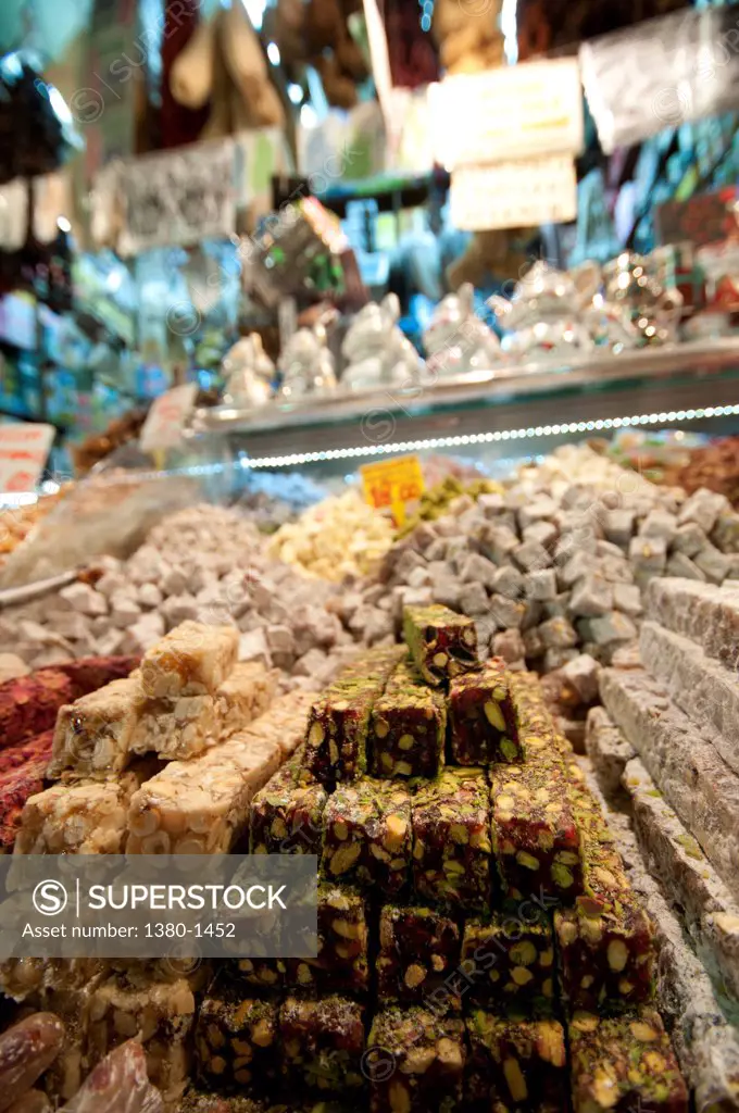 Turkish Delight for sale at a market stall, Spice Bazaar, Istanbul, Turkey
