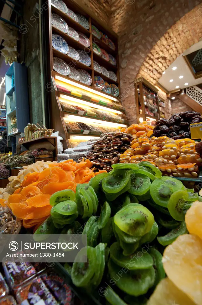 Dried fruits for sale at a market stall, Spice Bazaar, Istanbul, Turkey