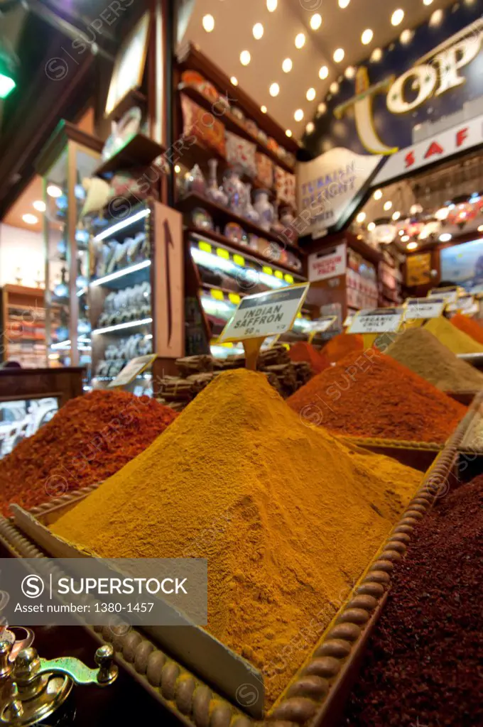 Spices for sale at a market stall, Spice Bazaar, Istanbul, Turkey