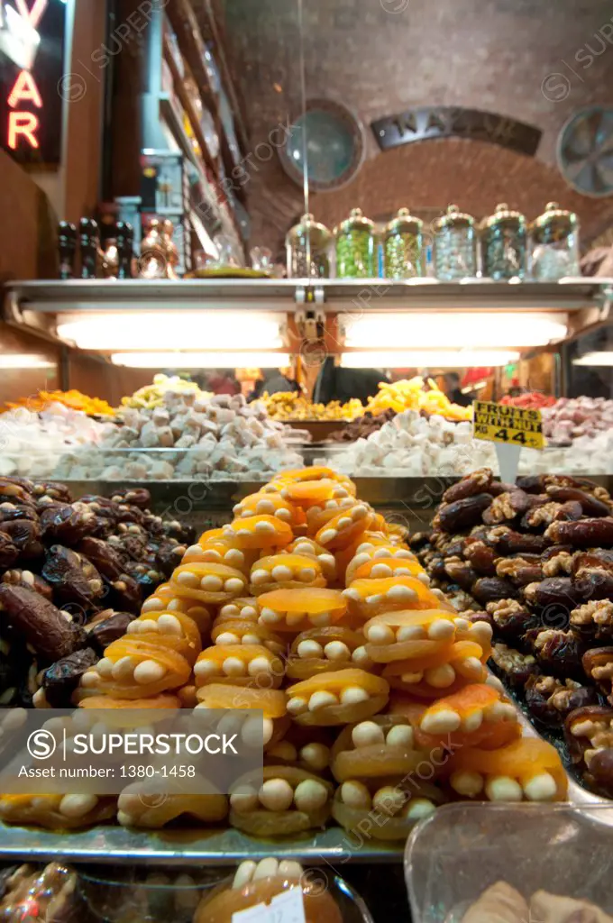 Dried fruits for sale at a market stall, Spice Bazaar, Istanbul, Turkey