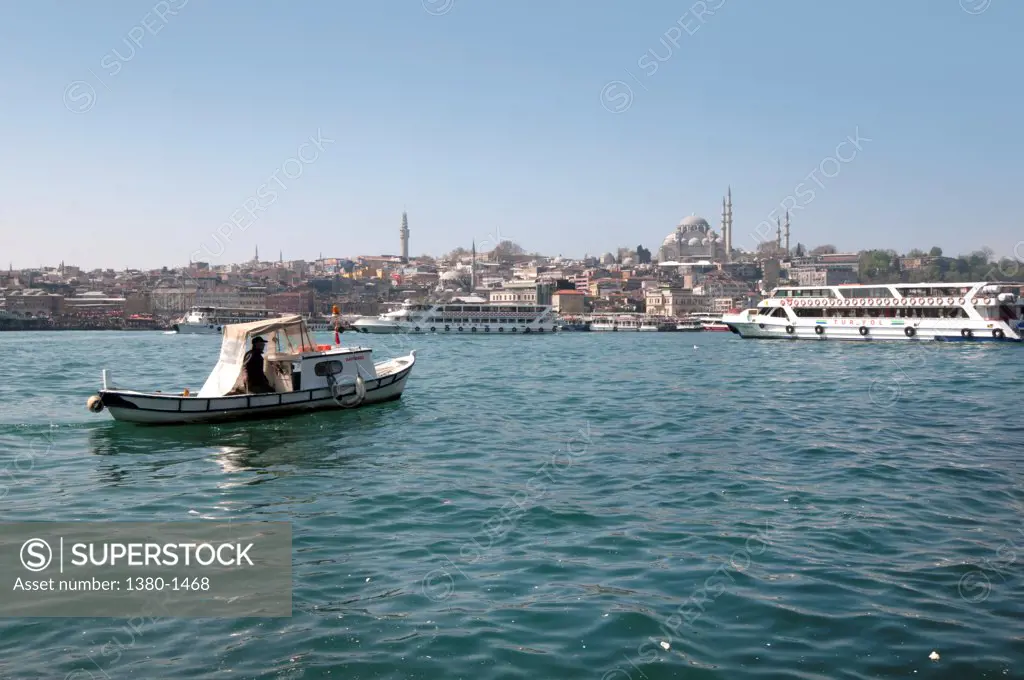 City view from small fishing port near Galata Bridge, Istanbul, Turkey