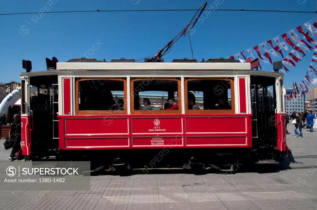 Tram on a track in a city, Istiklal Avenue, Istanbul, Turkey