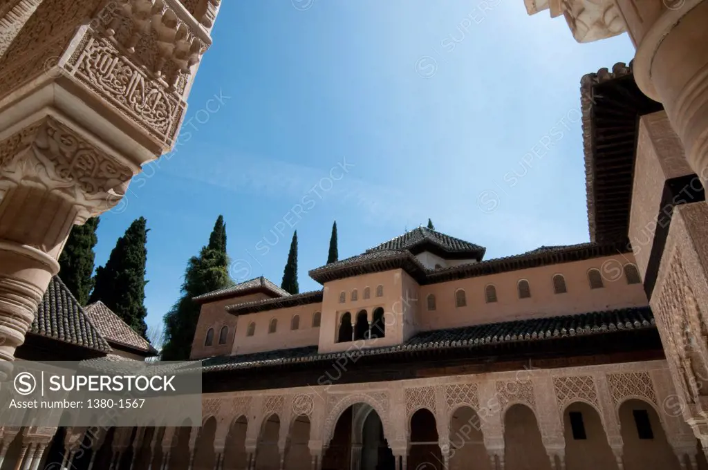 Architectural details of the Court of the Lions, Alhambra, Granada, Andalusia, Spain