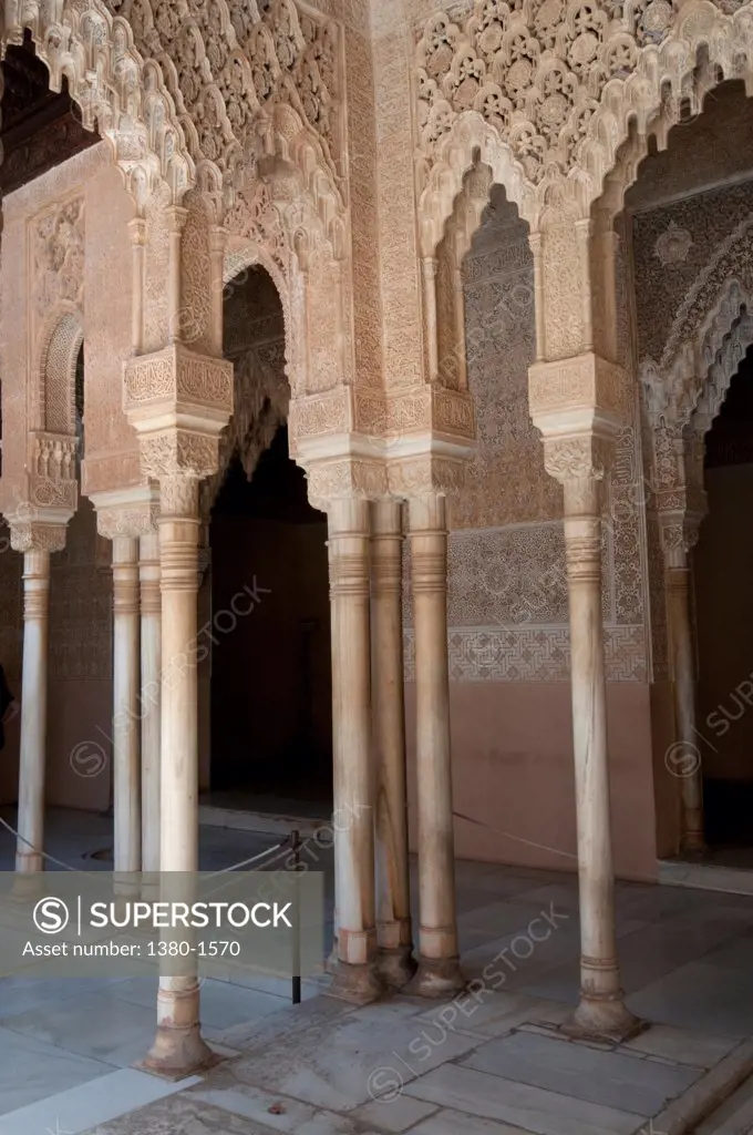 Architectural details of the Court of the Lions, Alhambra, Granada, Andalusia, Spain