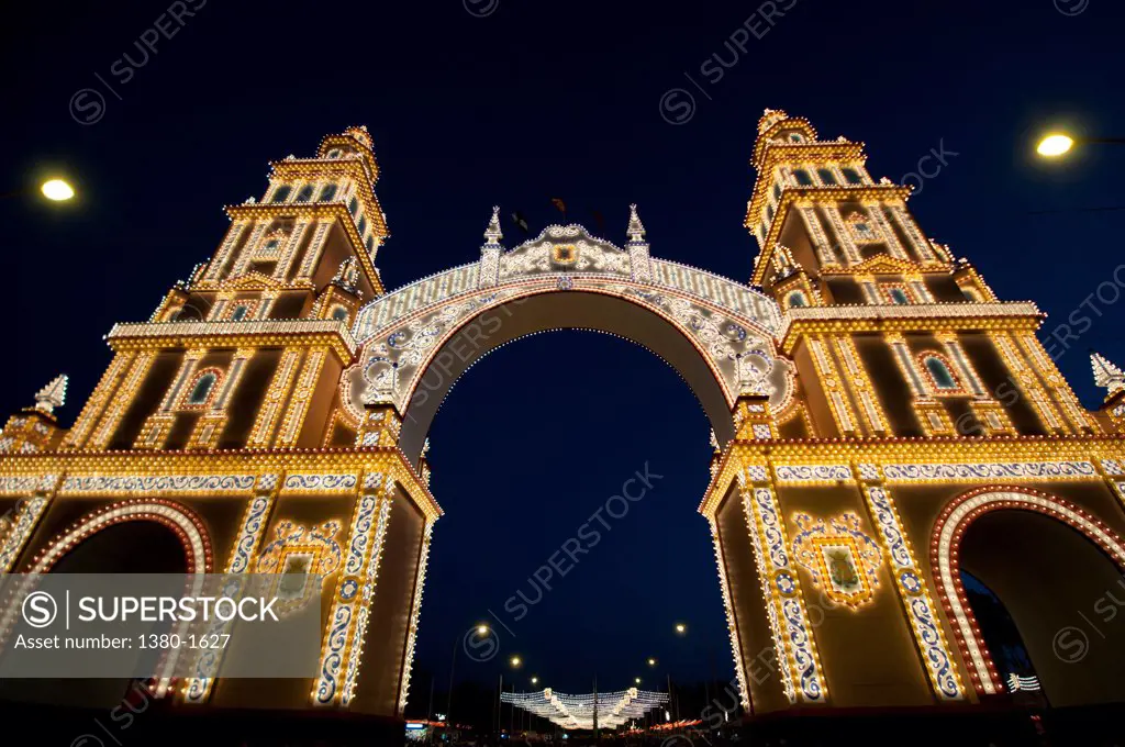 Low angle view of the entrance gate to the Seville Fair, Seville, Andalusia, Spain