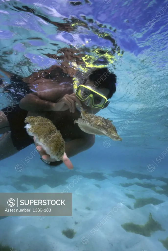 Man holding sponges underwater