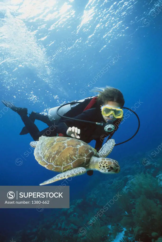 Scuba diver swimming with a turtle underwater