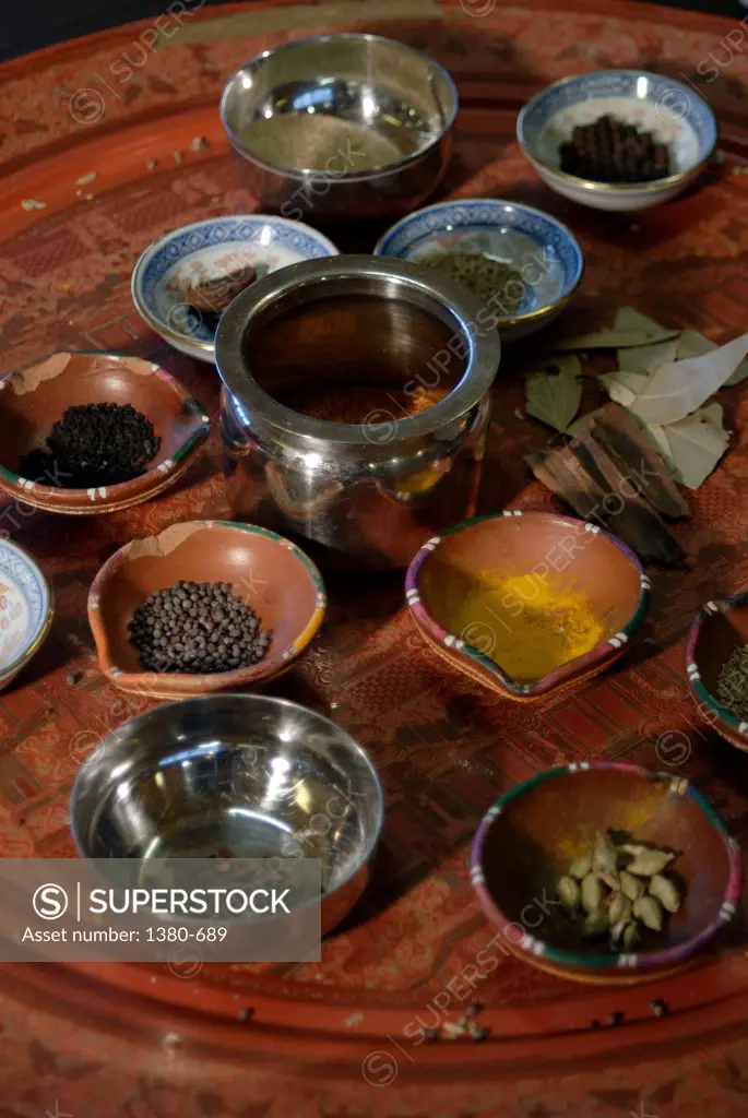 Close-up of spices in bowls
