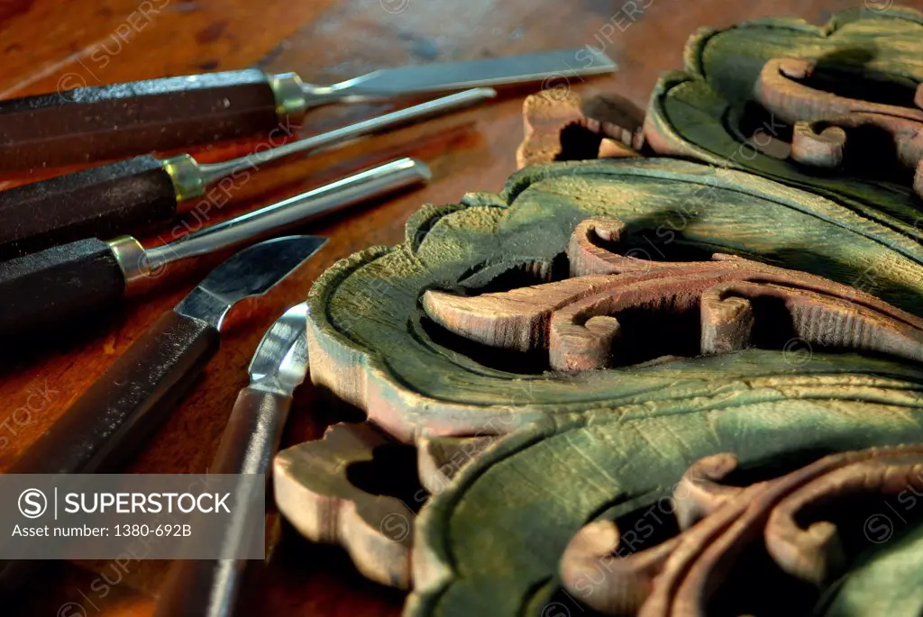 Close-up of wood carving tools