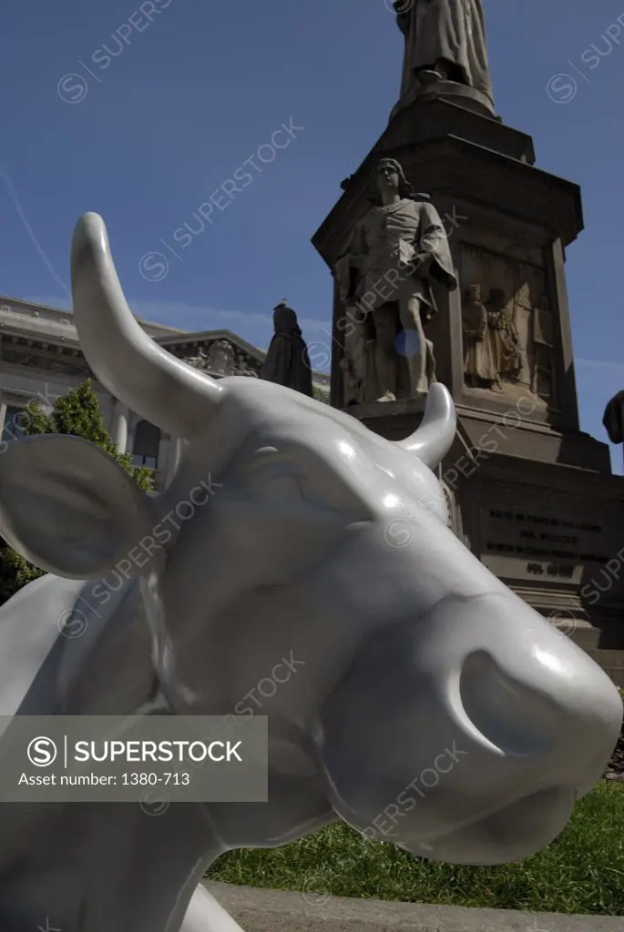Close-up of a sculpture of a cow, Leonard Da Vinci Monument, La Scala Theater, Milan, Lombardy, Italy