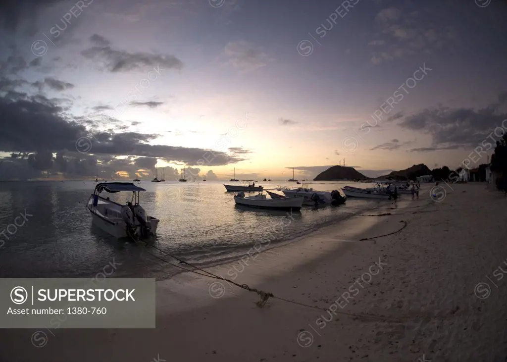 Boats moored on the beach, Los Roques, Venezuela