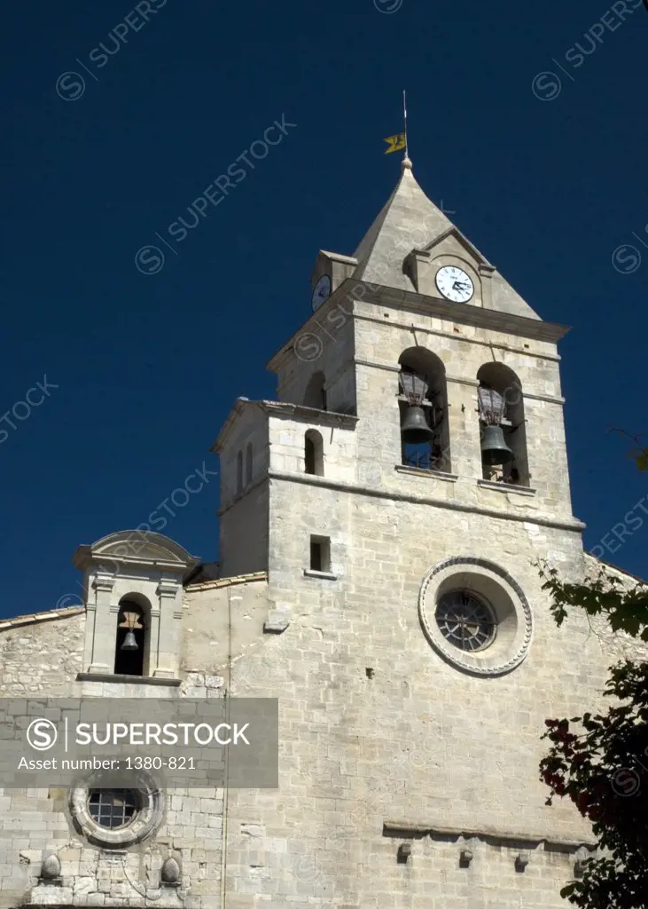 Low angle view of the bell tower of a church, Sault, Vaucluse, Provence-Alpes-Cote d'Azur, France