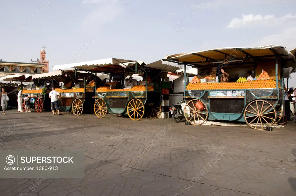 Orange juice stalls at a market, Djemma El Fna Square, Marrakesh, Morocco