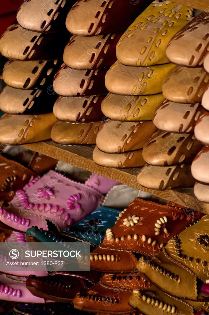 Traditional leather shoes for sale in a shop, Fez, Morocco